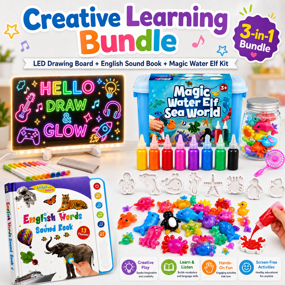 Creative Learning Bundle 3 in 1: LED Board, Sound Book and Water Elf Kit